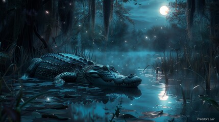  A hidden alcove in the mangrove forest reveals a saltwater crocodile's secret resting place, bathed in ethereal moonlight-2