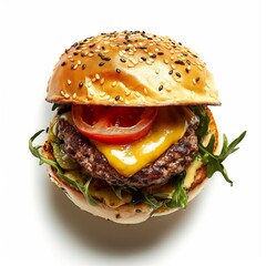 Juicy burger set against a white background.