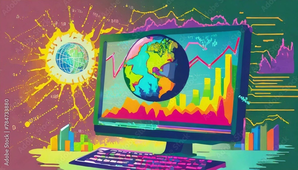 Poster global warming, computer screen highlighting climate change data trends. a computer monitor presents
