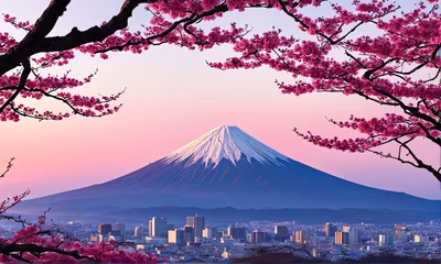 Deurstickers Japanese landscape adorned with delicate cherry blossoms, capturing essence of spring in Japan. For art, creative projects, fashion, style, blogs, social media, web design, print, magazine, banner. © Anzelika