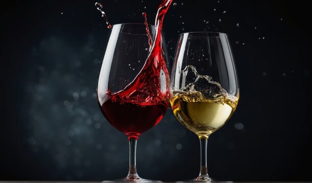 Two glasses of red and white wine with splash reflect one another on dark background, wine splash generative ai