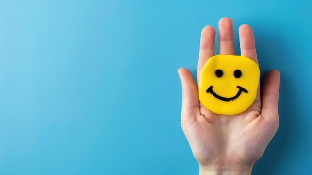 Human hand gesture with happy smiley face drawing copy space on blue background. AI generated image