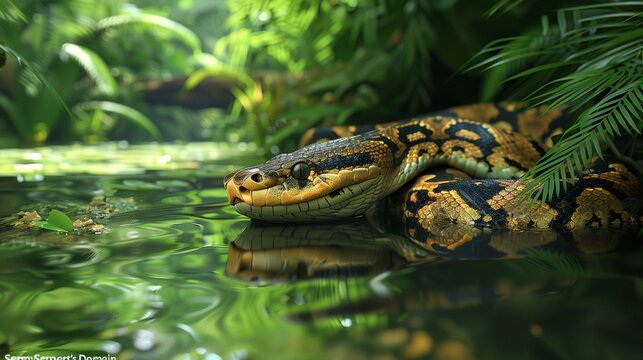  An anaconda gracefully coils around a massive tree trunk in the heart of a lush, vibrant jungle-3