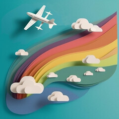 Avion de papier au-dessus d'un arc-en-ciel