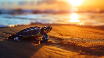 A baby sea turtle emerges from the water onto the sand of the beach during sunset