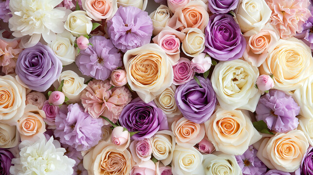 Flowers backdrop with purple white and cream roses, Flowers wall background for wedding decoration and presentation.