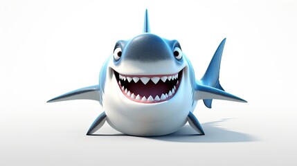 Big 3d cartoon shark with a big smile set against a white background.