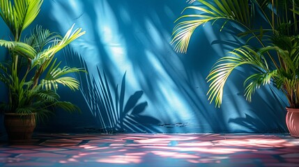 sky blue wallpaper and floors, the shadow of palm leaves on the wall