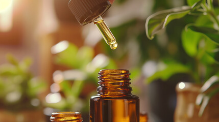 Dropping aromatherapy essential oil into a brown glass bottle, with plants in the background