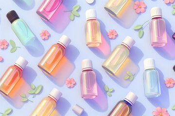 Pastel background made of stylized bottles of aromatherapy essential oil, plants and flowers - 784735298
