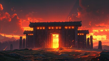 This stunning image captures a Viking castle entrance set against a blazing sunset, evoking drama and mystery with its fiery colors and grand architecture.