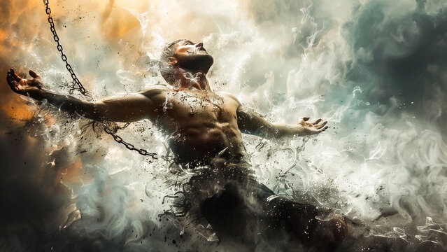 An expressive image of a man breaking free from chains with dynamic water splashes and light rays.