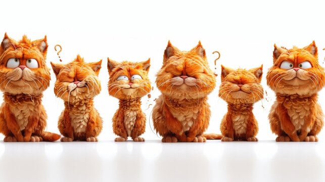 A collection of expressive orange cats with diverse emotions, displayed against a white backdrop. Ideal for themes of pets, emotions, and humor.