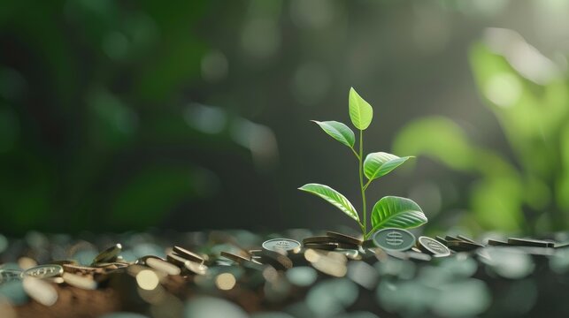 any pile coins with green plant for business growth and saving money concept. AI generated image