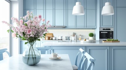 Kitchen in Scandinavian style with island table, blue furniture and modern kitchenware. Bright interior with white walls and floor. Vase with flowers on marble countertop