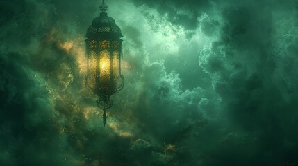A captivating image of a glowing Arabic lantern suspended among ethereal clouds, radiating a warm, inviting light against a dramatic, moody sky. - obrazy, fototapety, plakaty