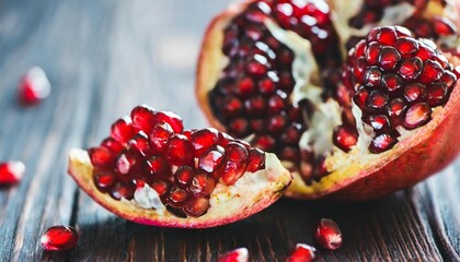 Ripe pomegranate close-up on a dark background; soft selective focus