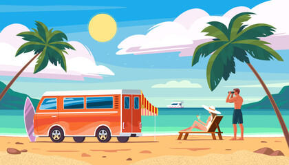 Young woman and man on vacation. Tropical landscape with a young couple on the beach, sea, palm trees, camper van, surfboard etc. Vector flat cartoon illustration. Summer vacation and travel concept.