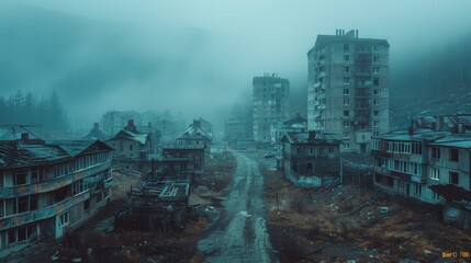 A hauntingly beautiful autumn scene in a neglected Romanian mining town, with decaying structures and a foggy mountain backdrop. The image captures the essence of isolation and decline.