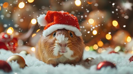 A cute guinea pig wearing a Santa hat surrounded by Christmas decorations - obrazy, fototapety, plakaty