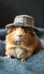 A cute guinea pig is wearing a tiny plaid hat while sitting on a soft grey textile