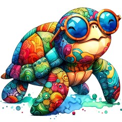 Cheerful Cartoon Sea Turtle: Abstract Watercolor Painting with Vibrant Details and Sunglasses, Ideal for T-shirt Prints or High-Quality Wall Art.
