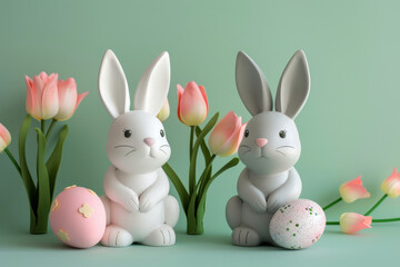 A cute, funny white rabbit and a cute gray bunny are sitting next to Easter eggs and pastel-colored tulips.