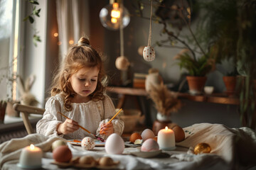 A four-year-old girl of European appearance paints Easter eggs in a Scandinavian.