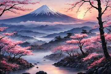 Mount Fuji range with red tree in foreground. For meditation apps, on covers of books about spiritual growth, in designs for yoga studios, spa salons, illustration for articles on inner peace, print.
