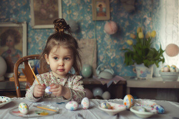 A four-year-old girl of European appearance paints Easter eggs in a Scandinavian.