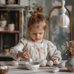 A four-year-old girl of European appearance paints Easter eggs in a Scandinavian-style room