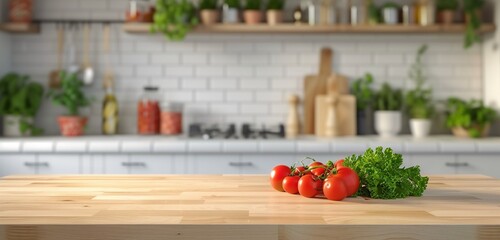 kitchen podium background with few vegetables on Wooden pedestal on table in kitchen interior and free space for your decoration