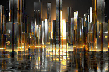 Sleek, metallic silver and gold cityscape with sharp lines of skyscrapers