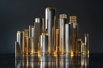 Sleek, metallic silver and gold cityscape with sharp lines of skyscrapers