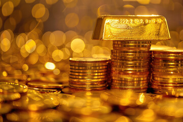 stock photo of gold bar put on top of stacks of gold coin