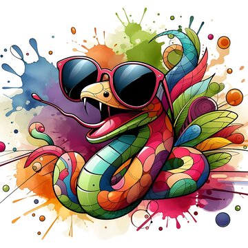 Playful Cartoon Snake: Abstract Watercolor Painting with Colorful Details and Sunglasses, Ideal for T-shirt Prints or High-Quality Wall Art.
