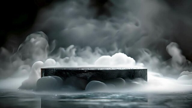 black podium pedestal with dark and smoke in the background. Luxury, Elegance, and minimalist style