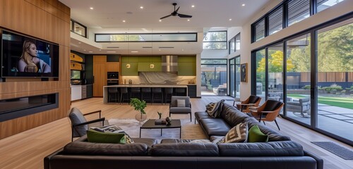 living room with sectional sofa black leather chairs green cushions 