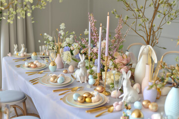 Aesthetically decorated table with Easter bunnies.