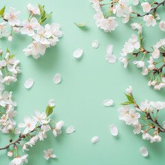 banner, background with sakura branches on a light emerald background