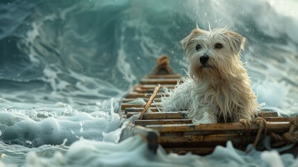 A white terrier dog appears vigilant while sitting on a bamboo raft, navigating through turbulent ocean waves. The scene captures a sense of adventure and the unexpected.