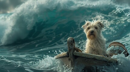 A white terrier dog appears vigilant while sitting on a bamboo raft, navigating through turbulent ocean waves. The scene captures a sense of adventure and the unexpected.