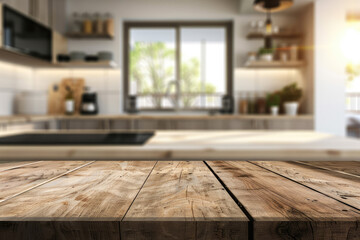 Empty Beautiful wood table top and blur bokeh modern kitchen interior background in clean and bright