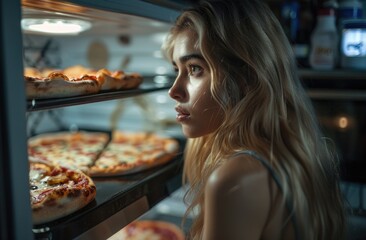 Young girl looking at pizza