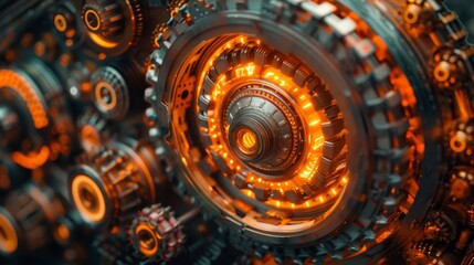 This intricate, high-resolution image captures the essence of complex robot gears with a glowing orange core, symbolizing technology and innovation in mechanical engineering. - obrazy, fototapety, plakaty