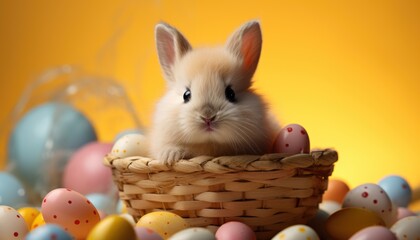 Small bunny in basket with eggs