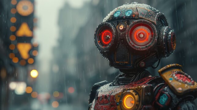 A concept image featuring a futuristic robot with a clock face, set against a misty, illuminated city backdrop. This artistic rendering evokes themes of time and technology.