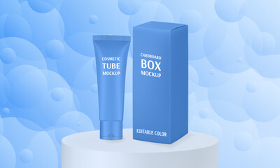 Blue cosmetic tube and box on a podium. Realistic mockup. Ointment or salve. Gel serum. Korean packaging. Blank cardboard package