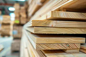 Pallets of new pressure impregnated wood in warehouse marketplace construction wood,  pressure impregnated wood - 784738842