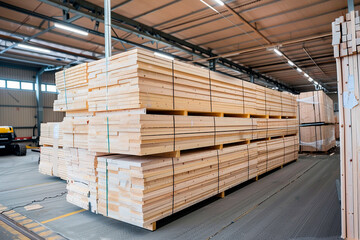 Pallets of new wood in warehouse marketplace construction wood - 784738847